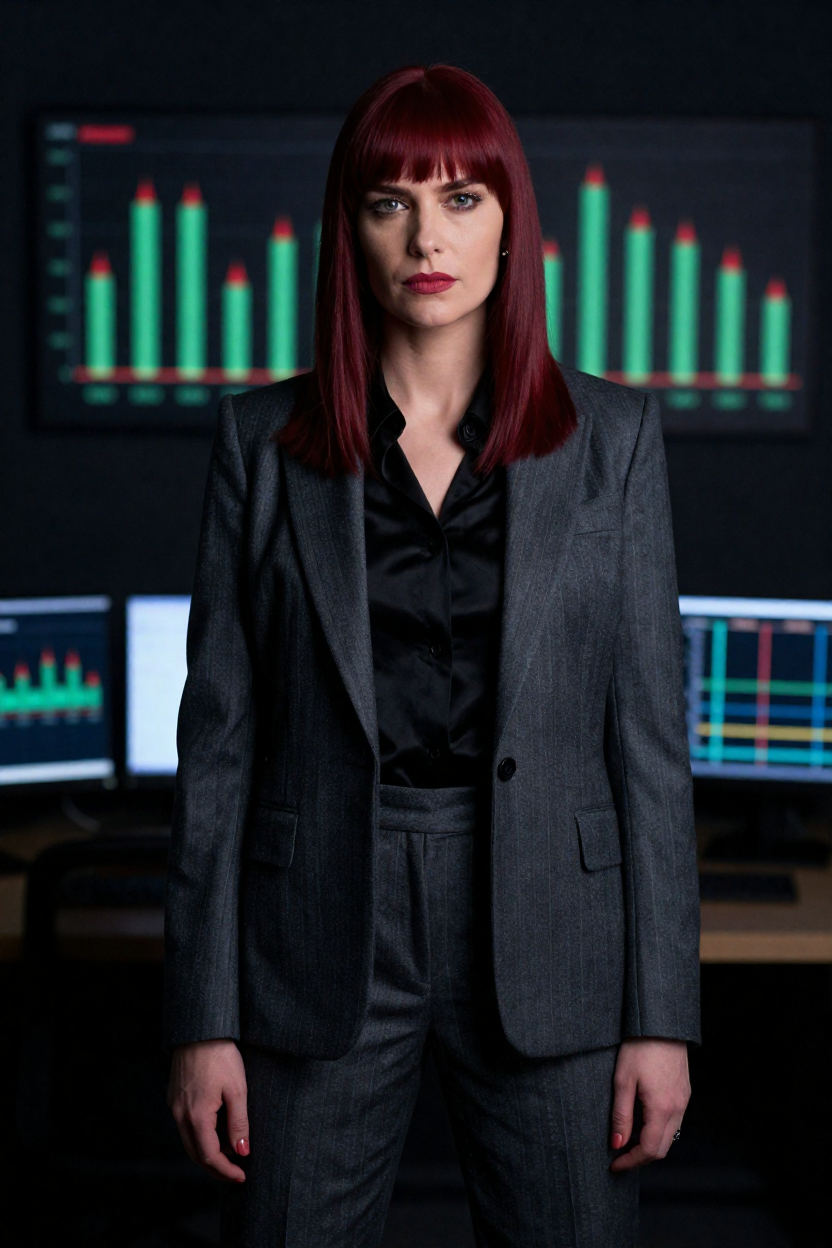 Editorial portrait of a fictional 30-year-old woman with deep wine-red hair worn straight with curtain bangs,
